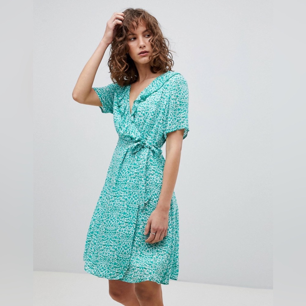 Suncoo Printed Mock Wrap Green Mini Dress size Small